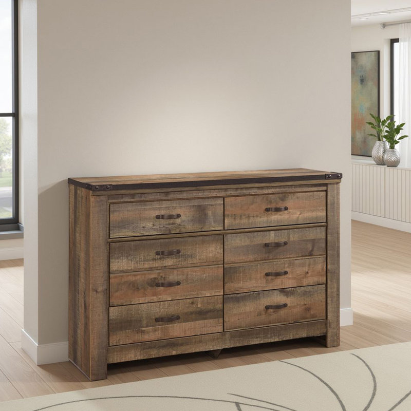 Commode large Zoey, 6 tiroirs de rangement larges, détails brun rustique