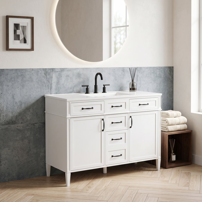 Meuble-lavabo autoportant en MDF de 122 cm (48 po), style moderne avec rangement, lavabo central intégré, comptoir et lavabo en composite SMC, quincaillerie noire, étagères réglables et portes à fermeture amortie.