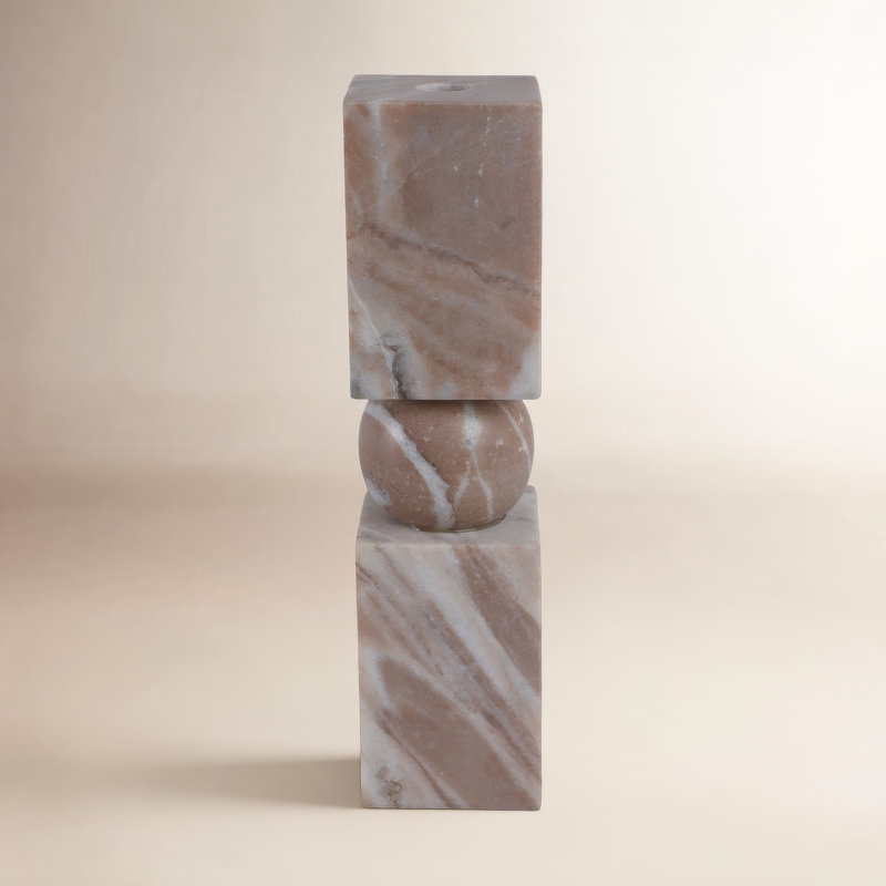 Chunky Marble Taper Holder, Tan/Ivory, 12" H x 3" W x 3" D