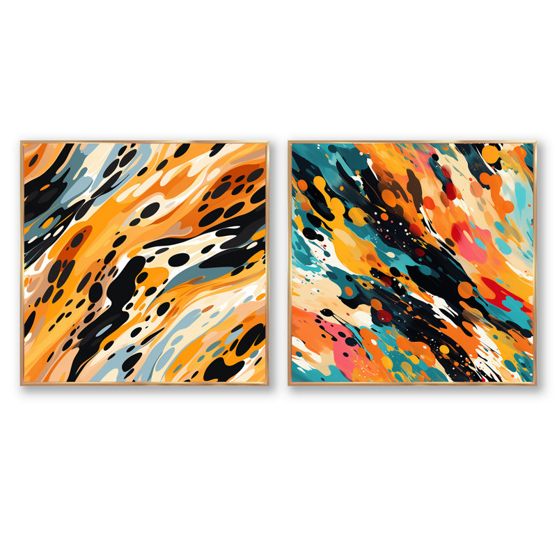 Cristain - Ensemble de 2 collages carrés abstraits, Cadre flottant doré, H 16 po x l 33 po
