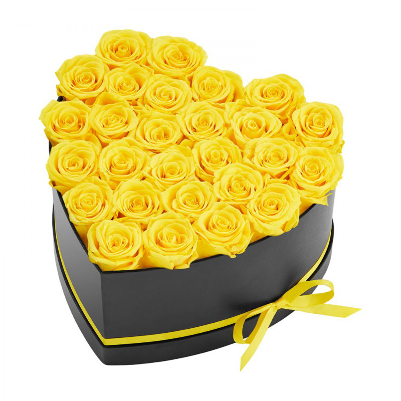 Forever Flowers, 27 Preserved Roses in a Heart Shape Box, Eternal Flowers Immortal Bouquet Birthday Present, Anniversary, Valentine's Day,Christmas, Yellow