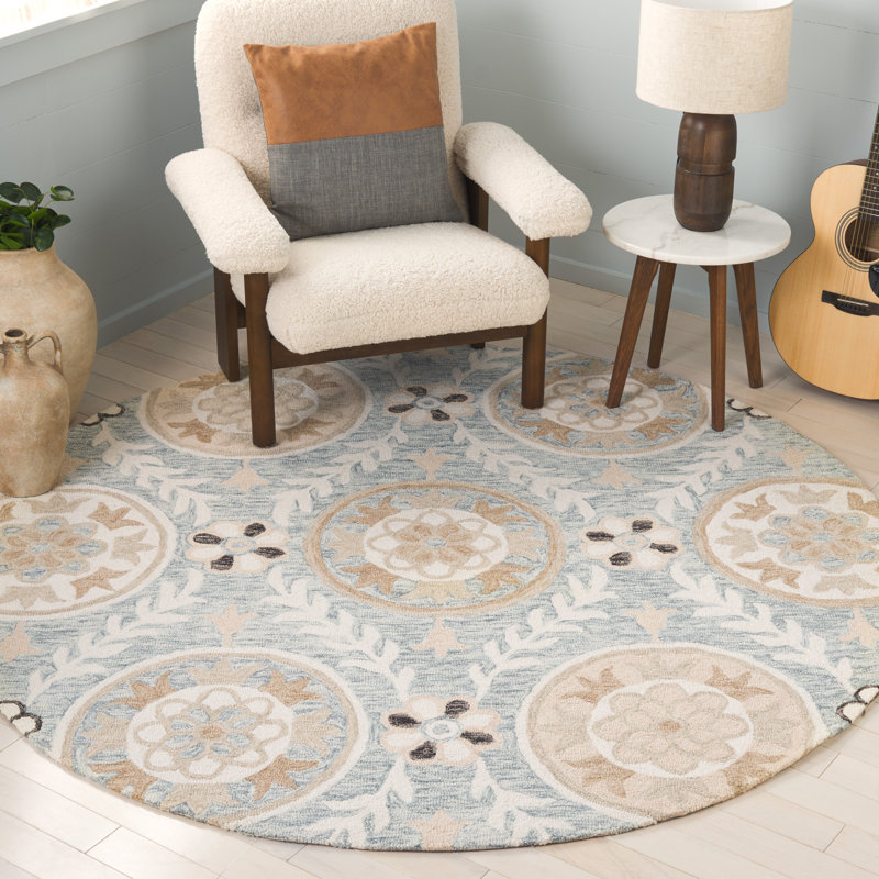 Tapis en coton touffeté à la main Jardin Ivoire / Gris clair, Rond 6 pi
