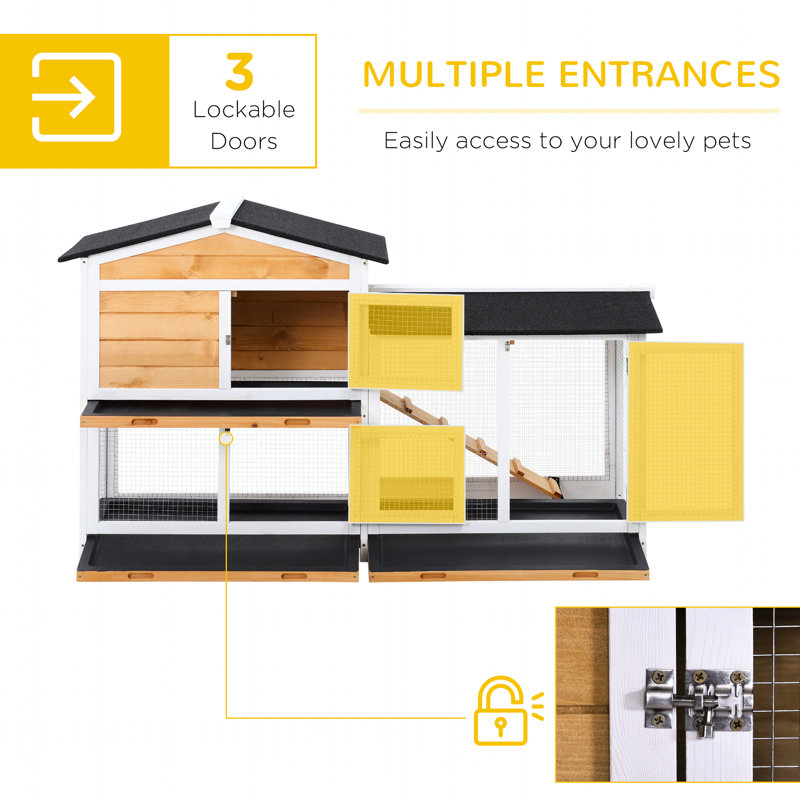 Cage à 2 étages - Toit jaune et plateau sans fuite avec rampe pour lapins en bois avec milieu nettoyable