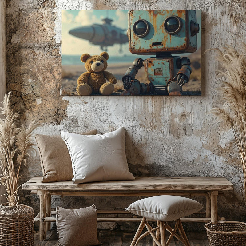 «Lonely Robot with Peluche», art apocalyptique sur toile, prêt à être accroché à la galerie, décoration moderne
