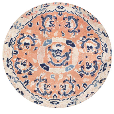Small Round Antique Coral Chinese Dragon Design Ningxia Rug