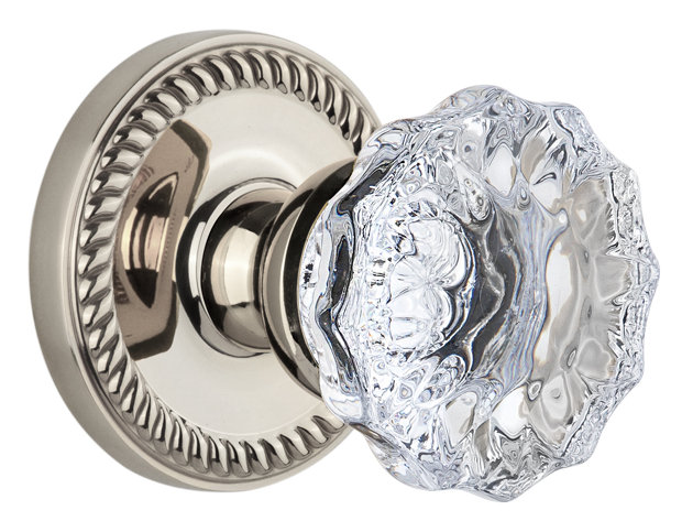Rosace double avec bouton de porte en cristal Fontainebleau Grandeur Newport, Nickel poli