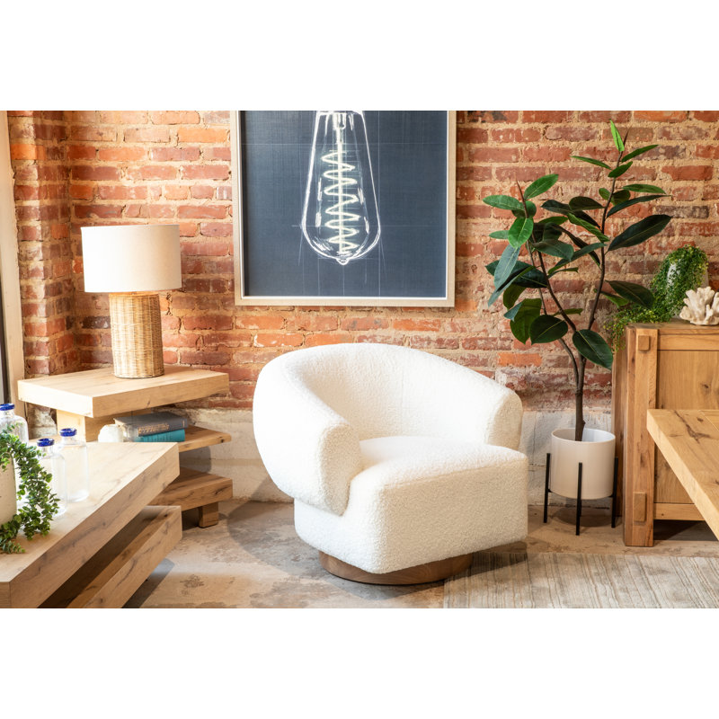 Upholstered Swivel Barrel Chair, White Cotton Blend