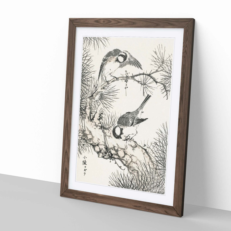 Japanese Willow Tit Birds by Numata Kashu - Picture Frame Painting Print, 50cm H x 35cm W x 2cm D, Walnut