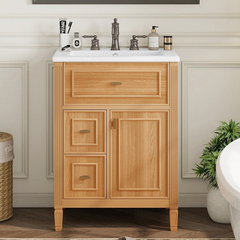Meuble-lavabo 24 po avec lavabo, meuble-lavabo avec un tiroir rabattable et deux tiroirs, tablette réglable, Bois naturel