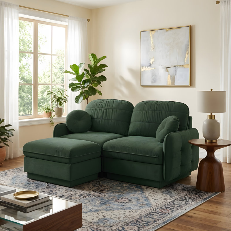 Canapé en L avec assise profonde et repose-pieds amovible, Green Chenille, H 37,4 po x l 73,2 po x P 57,8 po