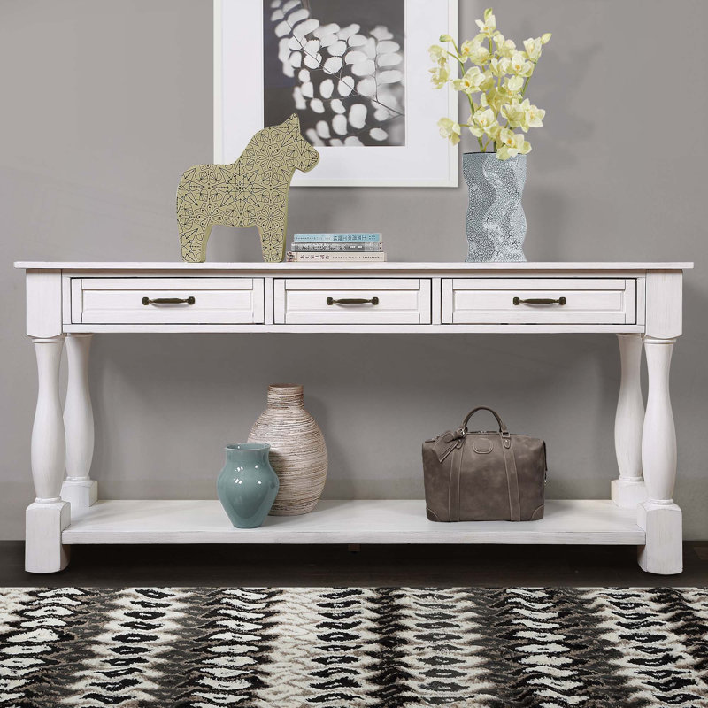 63" Long Wood Console Table With 3 Drawers And 1 Bottom Shelf For Entryway, Hallway, Blanc antique