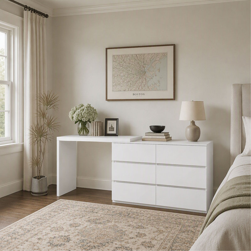 Commode blanche à 6 tiroirs avec plateau allongé et design sans poignées, idéale pour coiffeuse et chambre à coucher.