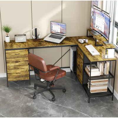 Bureau en L 114 po avec concentrateur électrique, bureau de jeu industriel - 6 tiroirs, support pour écran amovible, bureau rustique brun