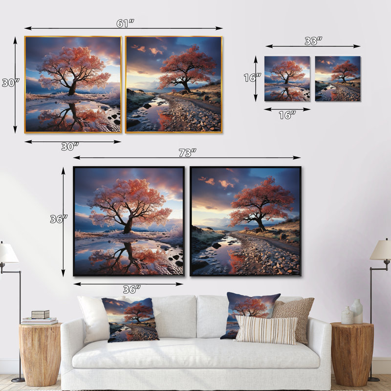 Arbre arc-en-ciel, paysage d'hiver - ensemble de 2 arbres carrés, Cadre flottant brun, H 30 po x l 61 po