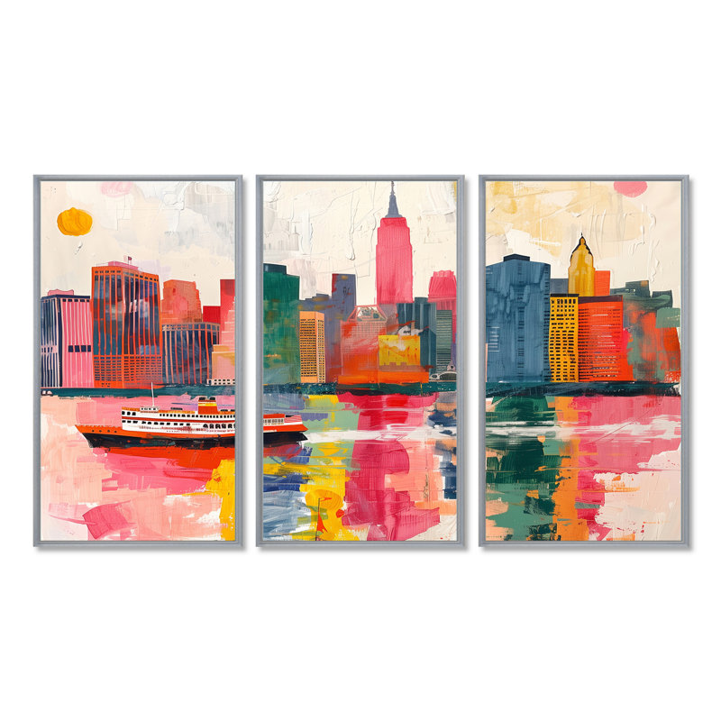 Ensemble de décoration murale Guilherme - New York City, H 32 po x l 16 po x P 1 po, Toile argentée avec cadre flottant