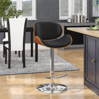 Winchcombe Adjustable Height Swivel Barstool in Faux Leather, Walnut Wood and Chrome Base
