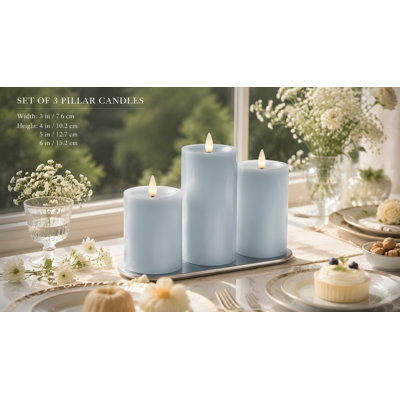 Rechargeable Real Wax Flameless Pillar Candle, 3D Moving Flame, USB Charging, Remote & Timer, Ice Blue 3''x4''/5''/6'', Set of 3