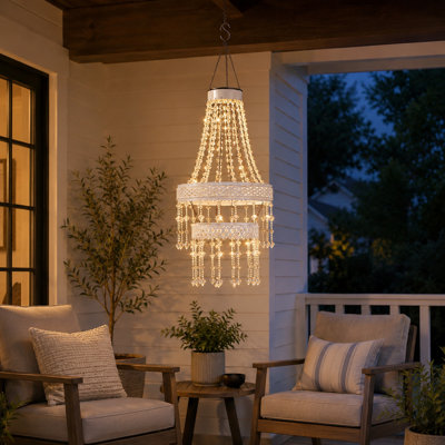 Hanging Solar Light Lantern Outdoor with White Crystal Chandelier Double Modern Crystal Acrylic Framework Waterproof Garden Decorative Lights for Gazebo, Yard, Patio, Party, Room
