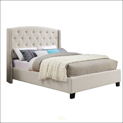 Fabric Button Tufted Wingback Upholstered Bed With Nail Head Trim