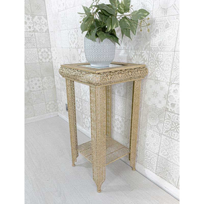 Muhja Embossed Metal & Glass Moroccan Style Lamp Plant Table, Gold