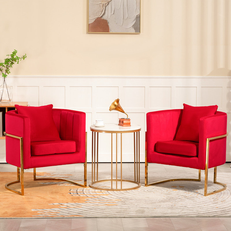 Fauteuil d'appoint demi-tonneau en velours avec coussin, Red