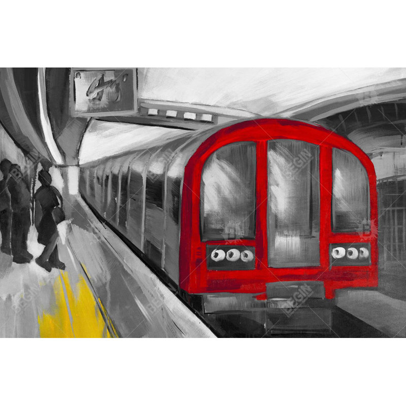 «Waiting Subway» - Toile encadrée rouge train pour la décoration intérieure