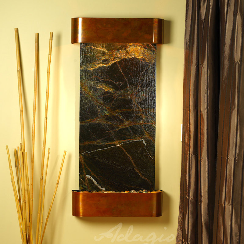 Cascade Springs Natural Stone Fountain with Light, Rainforest Green Marble, Rustic Copper