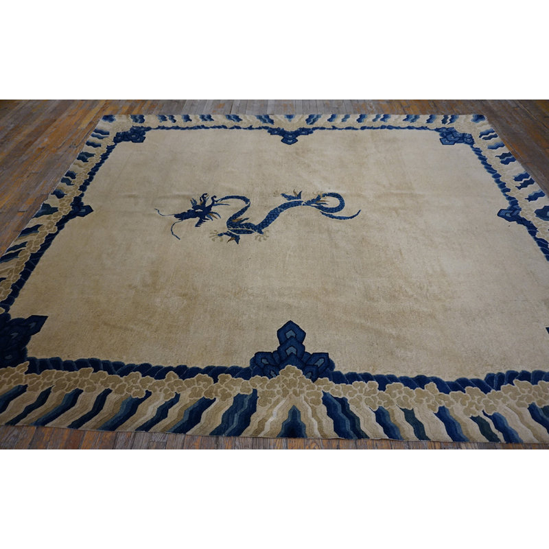 Antique Medallion Wool Hand Knotted Pile Blue 1920s Rug