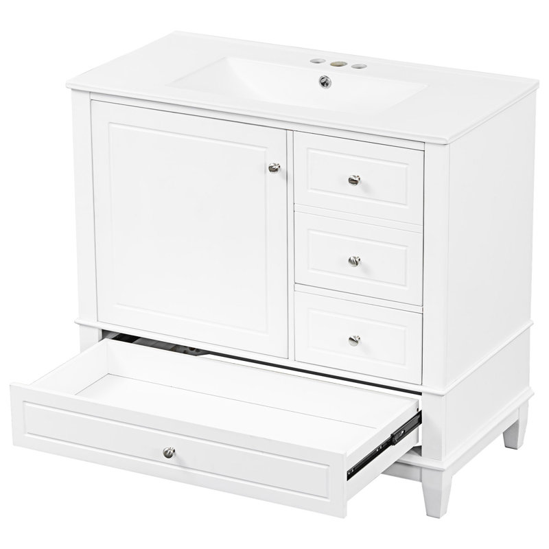 Meuble-lavabo autoportant avec lavabo en céramique, Blanc, Argent argent