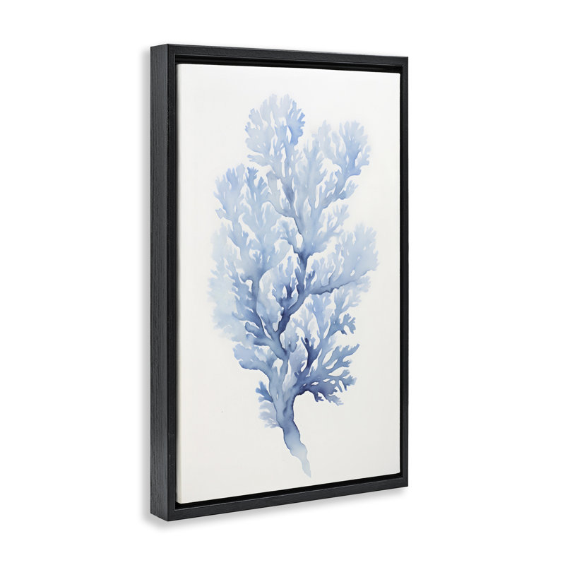 Toile flottante encadrée indigo corail par Petal Prints Design, Cadre flottant noir de jais, H 31 po x l 21 po