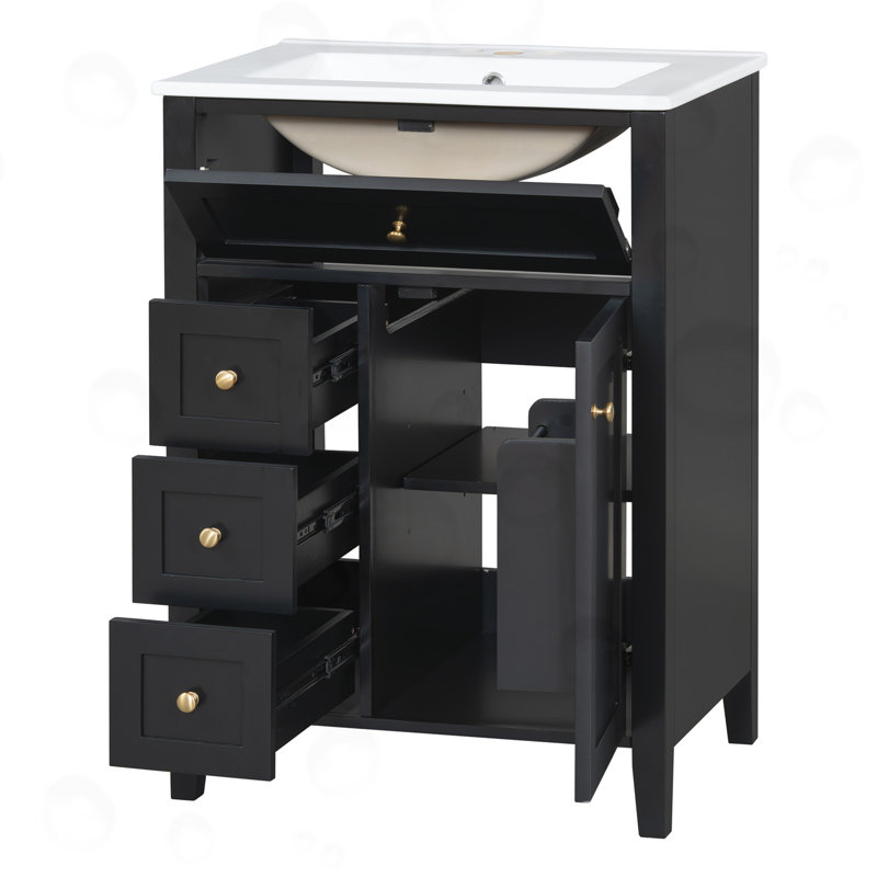 Meuble-lavabo avec lavabo, 3 tiroirs et armoire, Noir