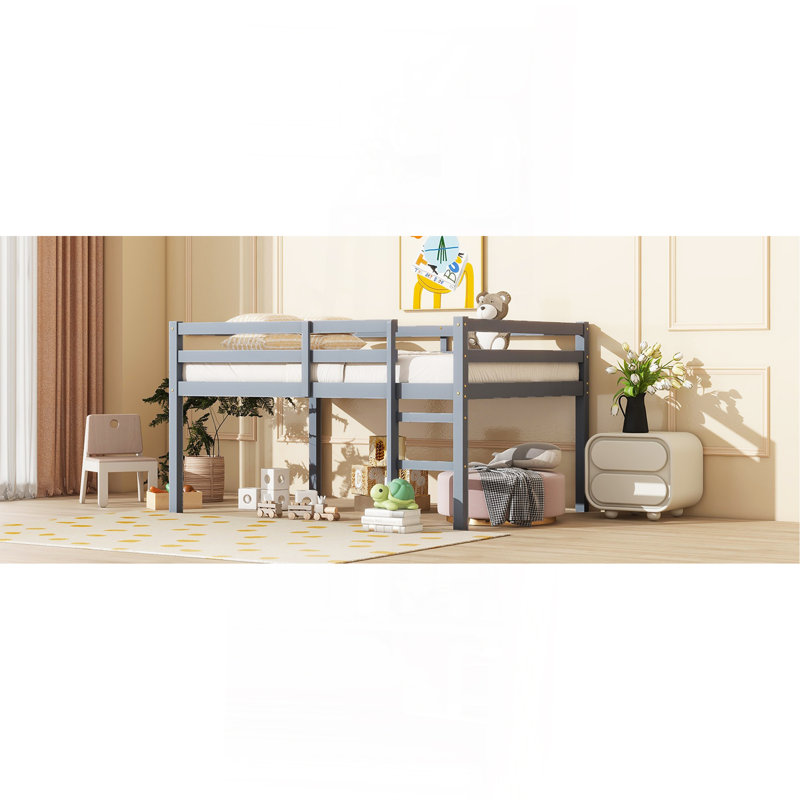 Full Rubber Wood Loft Bed With Ladder,Grey