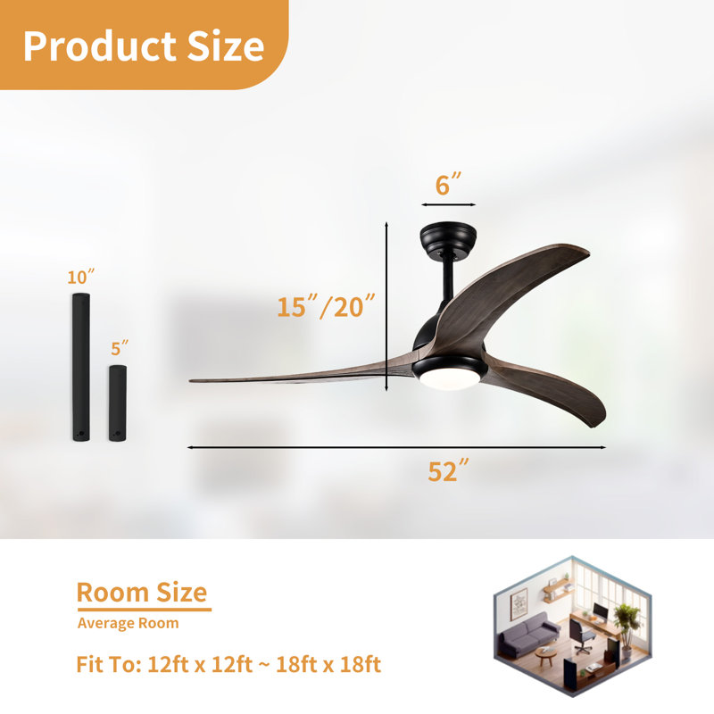 AuraVista 52'' 3 - Blade Modern Ceiling Fan with Remote Control and Light Kit, Matte Black / Dark Brown