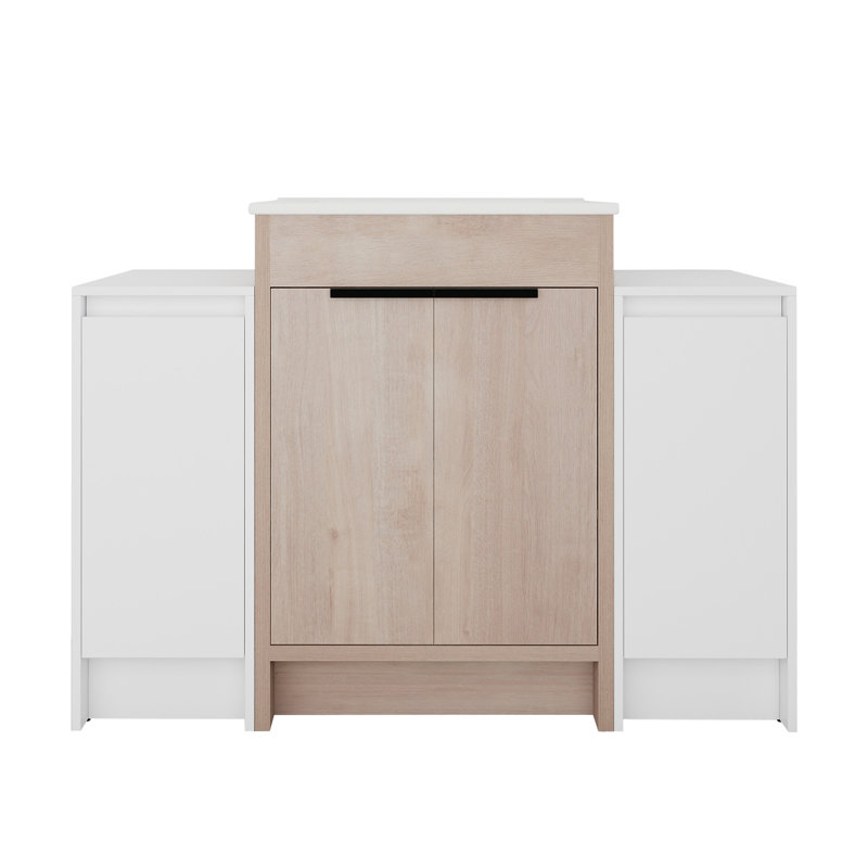 Meuble-lavabo autoportant de 48 pouces avec lavabo en céramique et 2 armoires de rangement, Chêne clair uni, Blanc