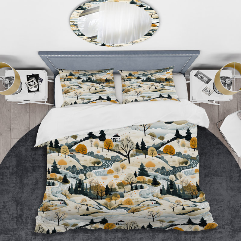Ensemble de housse de couette Winter Scandinavian Landscape, Housse de couette pour grand lit et 2 taies décor