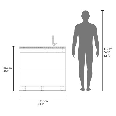 Évier utilitaire avec robinet intégré Napoles, comptoir intégré en acier inoxydable, armoire autoportante à deux portes, poignées en métal et deux tablettes intérieures, imprimé noir et blanc
