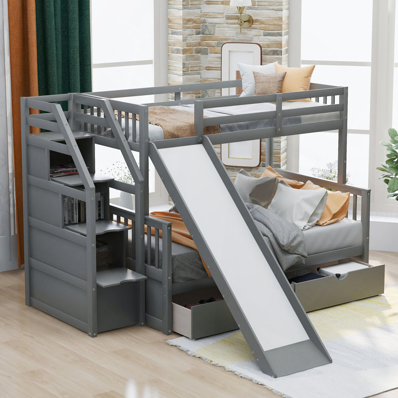 Twin Over Full Bunk Bed With Drawers,Storage And Slide, Multifunction, Gray