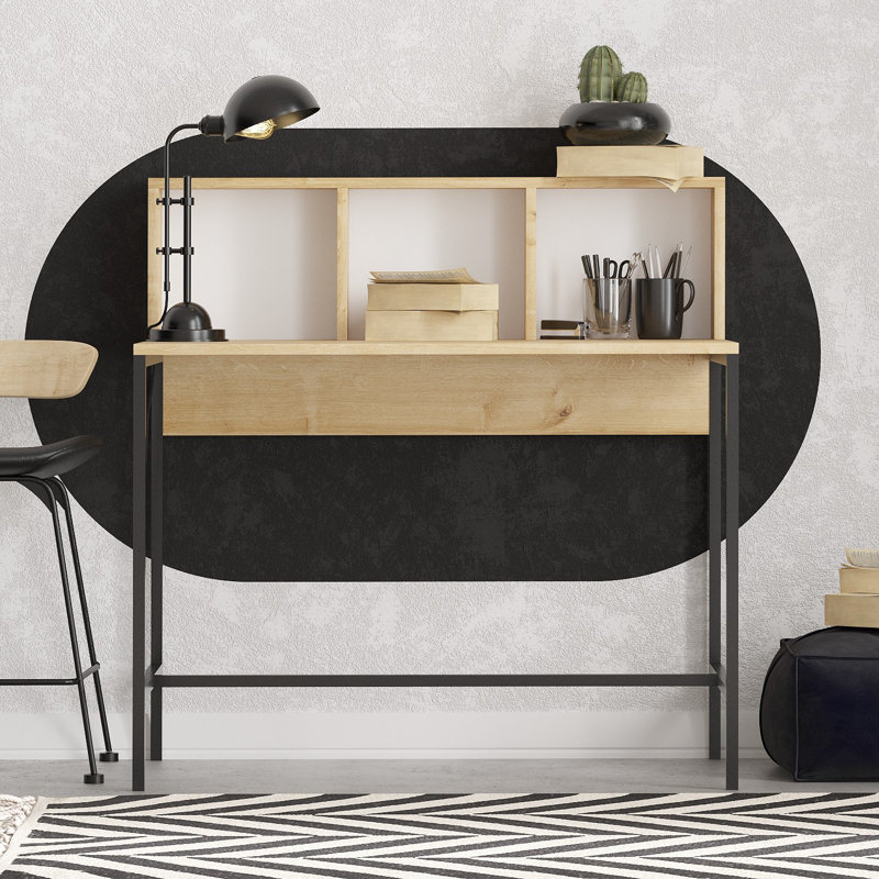 Modern Study Desk with Metal Legs, Sapphire Oak & Black, 39.4 x 40.2 x 23.6 inches | 100% Melamine Coated Particle Board, Thickness: 0.7 inches | Numerous Shelves, Wall-Mountable, Ideal for Home Office & Industrial Spaces