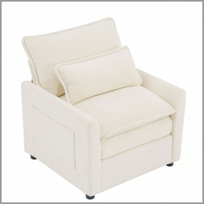 Fauteuil d'appoint moderne à siège simple 31,9 po avec coussin double moelleux et coussins de rangement latéraux pour salon, chambre à coucher, appartement et petit espace, beige