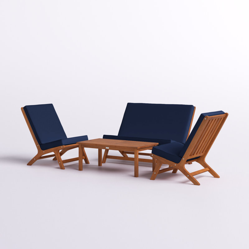 Eubank Eucalyptus 4 - Person Patio Conversation Set with Cushions, Natural, Navy