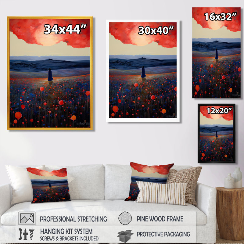 «Red Sky Blue Mountains Red Poppies - Meadow», reproduction d'art murale, H 20 po x l 12 po x P 1 po