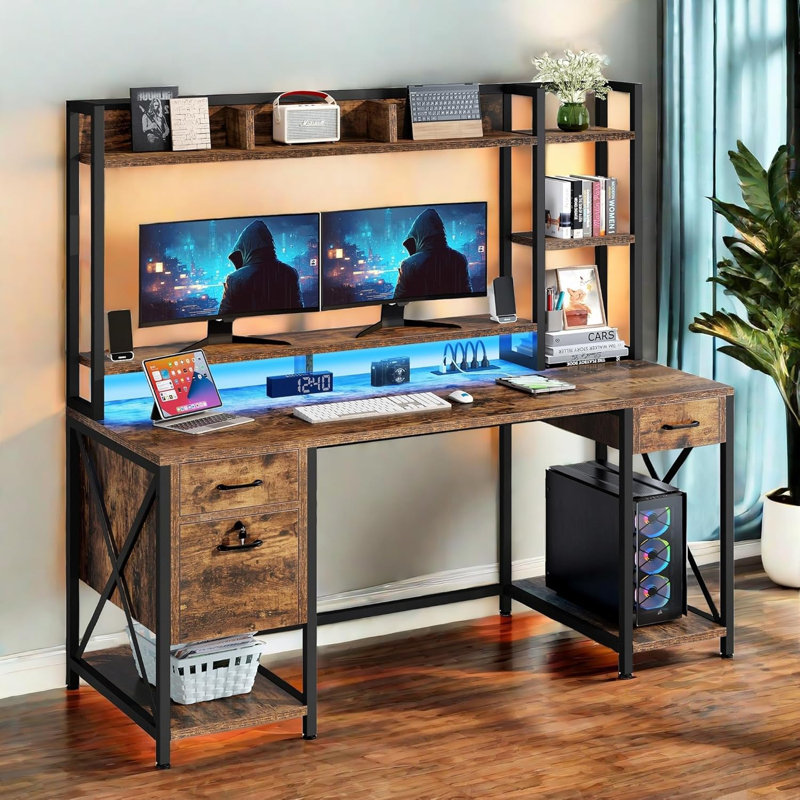 Computer Desk with Drawers & Power Outlets,59"Home Office Desk with HutchGaming Desk with LED Lights