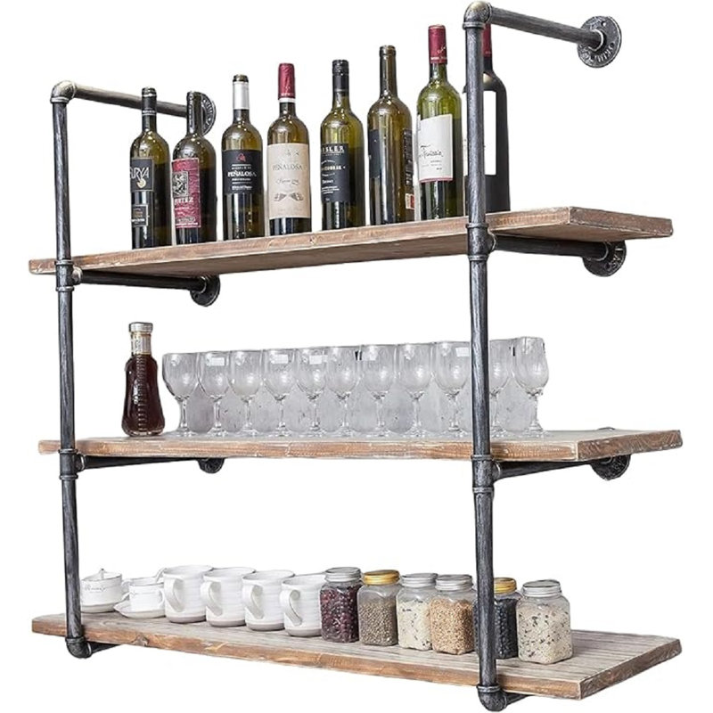 Industrial Black Iron and Wood Wall Mounted Kitchen Shelves