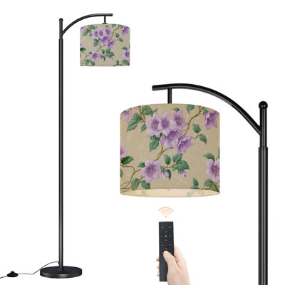  Arc Floor Lamp Purple Bellflower Botanical Delicate Petals Soft Green Foliage Tall Modern Standing Lamp LED Adjustable Linen Lampshade 3 Color Temperatures
