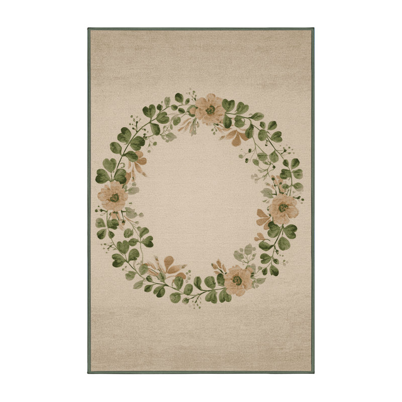 Machine Washable Williamsbridge St Patties Modern & Contemporary Abstract Rug in Beige – SageGreen Binding, 3x5