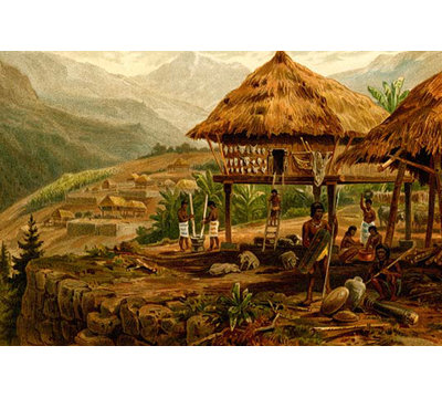 Philippine Village With Natives And Grass Guts On Stilts by F.W. Kuhnert - Unframed Graphic Art