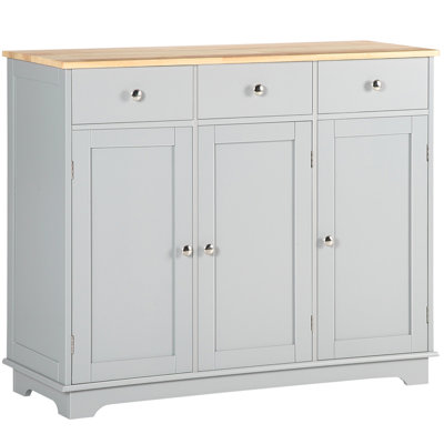 Buffet avec tiroirs, armoire de cuisine, armoire à café avec plateau en bois d'hévéa et tablettes réglables pour le salon, la cuisine, gris