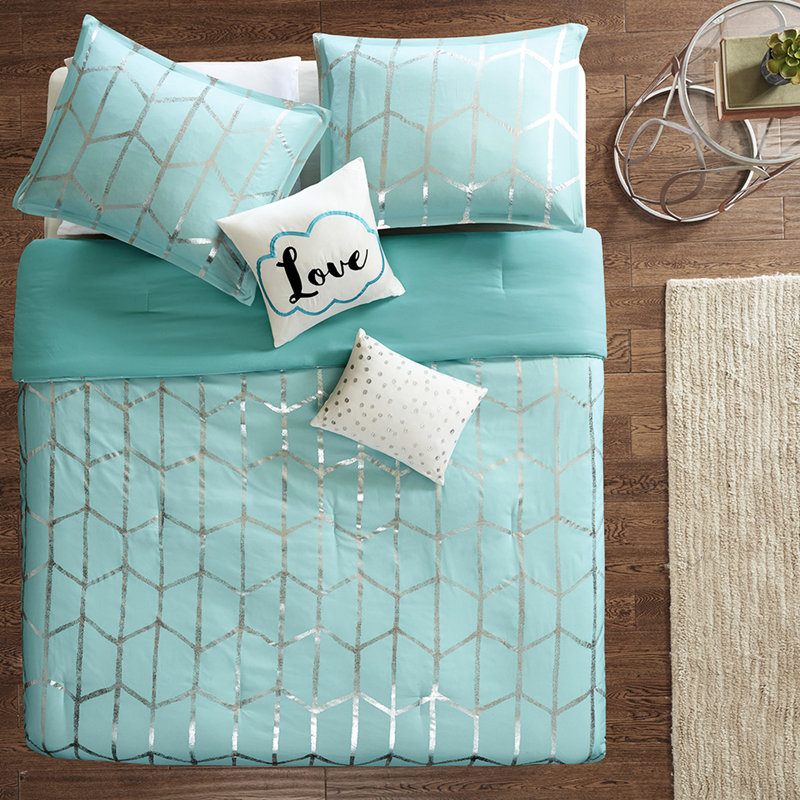 Élégant édredon simple / simple TG, édredon géométrique argenté attrayant, détails, coussins brodés, Aqua/Silver