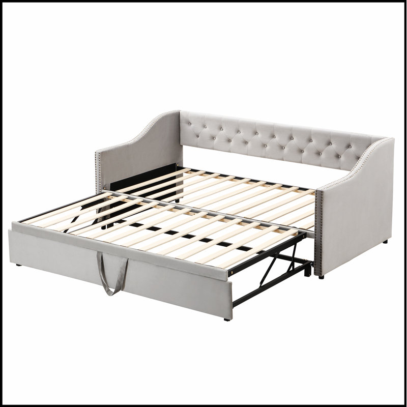 Élégant lit de jour rembourré en velours avec couchette escamotable, parfait pour un décor polyvalent et élégant., Gris