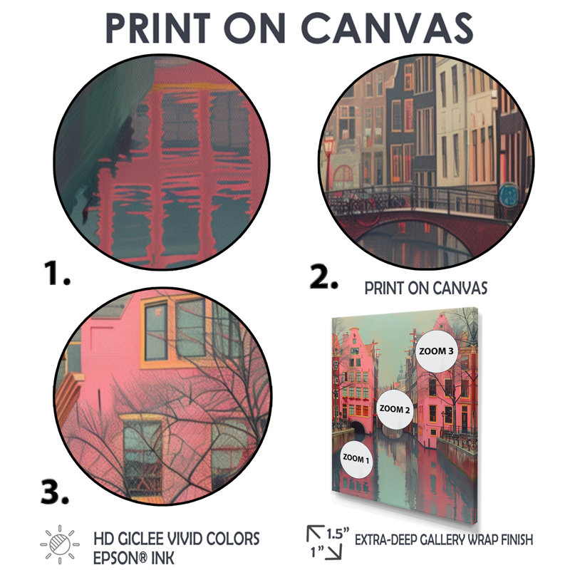 «Amsterdam Pink Grey Canal Photo I», reproduction d'art murale, Toile avec cadre flottant brun, H 32 po x l 16 po x P 1 po